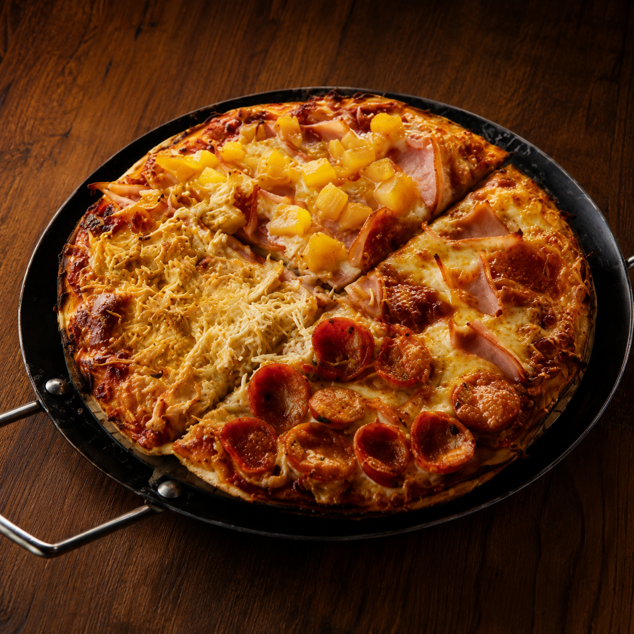 Pizza Mixta — chorizo, jamón, hawaiana y pollo